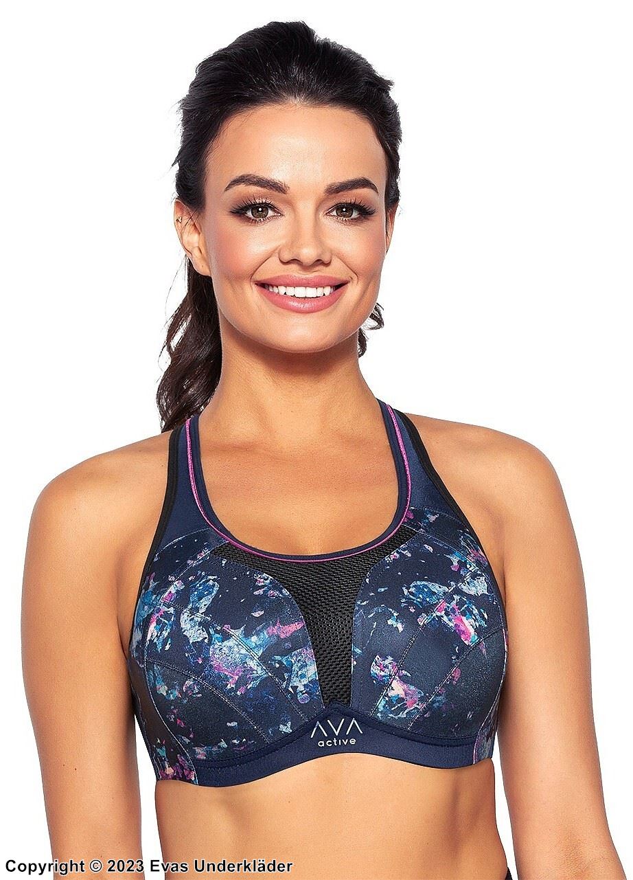 Sports bra for big bust, wide shoulder straps, mesh inlay, B to J-cup
